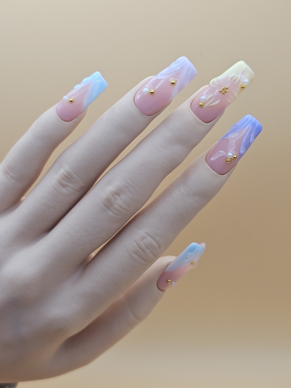 Press-on Nails Set 10pc Size Large Square Pastel Rainbow Tips 3D Gel Gold Gems